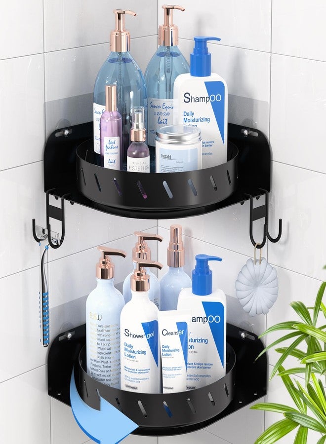 buways 360 Rotating Shower Caddy Shelf With 6 Hooks, 2PACK Bathroom Organizer With 5Pcs Adhesive, Stainless Steel Corner Racks for Home Apartment Decor (Black) - Image 1