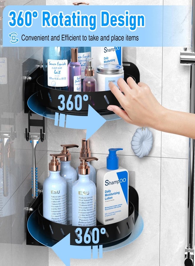 buways 360 Rotating Shower Caddy Shelf With 6 Hooks, 2PACK Bathroom Organizer With 5Pcs Adhesive, Stainless Steel Corner Racks for Home Apartment Decor (Black) - Image 2