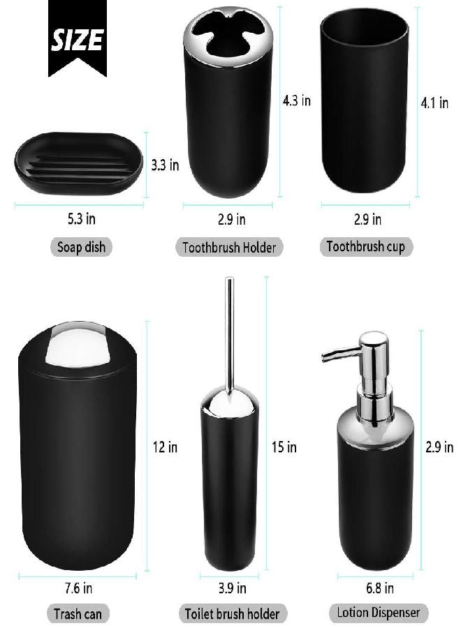 Papillon Bathroom Accessories Set-6 Piece Plastic Gift Set Toothbrush Holder,Toothbrush Cup,Soap Dispenser,Soap Dish,Toilet Brush Holder,Trash Can,Tumbler Straw Set Bathroom (Black) - Image 2