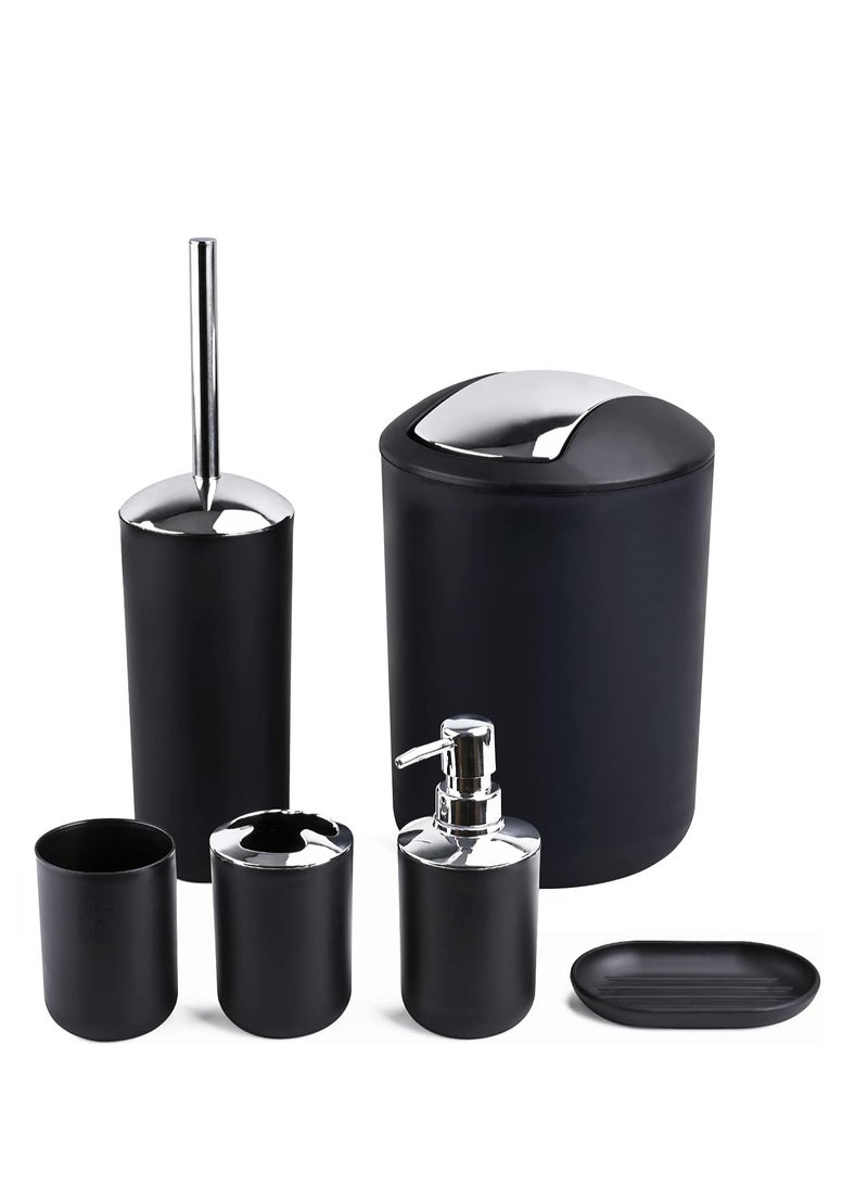 Papillon Bathroom Accessories Set-6 Piece Plastic Gift Set Toothbrush Holder,Toothbrush Cup,Soap Dispenser,Soap Dish,Toilet Brush Holder,Trash Can,Tumbler Straw Set Bathroom (Black) - Image 1