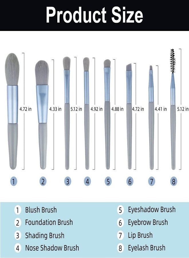 KBS Professional Makeup Brush Kit Set, 8 Piece Mini Synthetic Fiber Brushes with Travel Storage Pouch Bag, Foundation, Blush, Eyeshadow, Lip, Eyebrow Shadow (BLUE) - Image 2