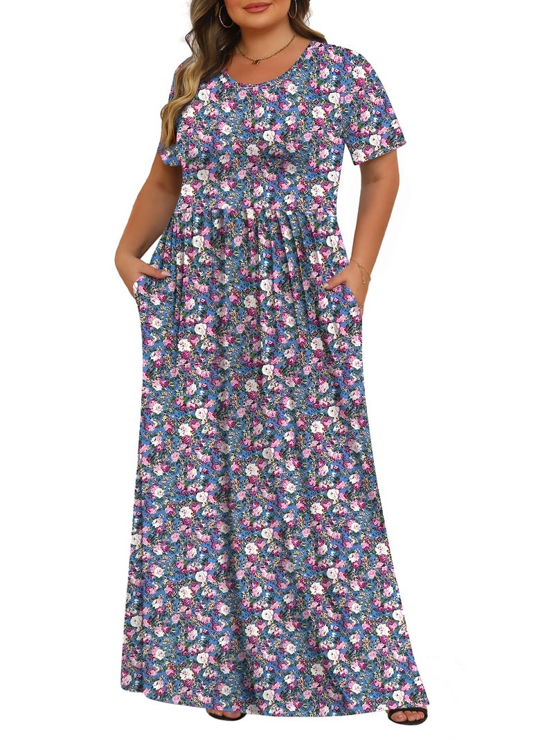 Tencede Womens Plus Size Maxi Dresses Summer 2026 Casual Short Sleeve with Pockets Long Dress Mandala 3X - Image 1