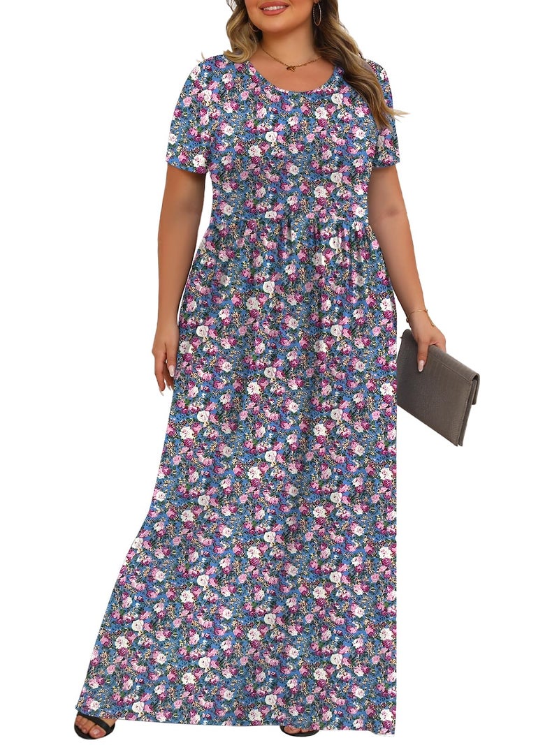 Tencede Womens Plus Size Maxi Dresses Summer 2026 Casual Short Sleeve with Pockets Long Dress Mandala 3X - Image 3