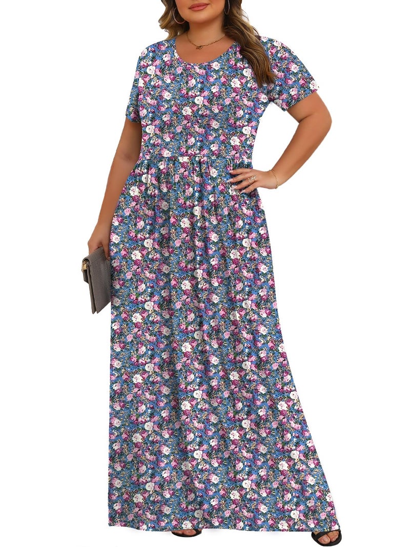Tencede Womens Plus Size Maxi Dresses Summer 2026 Casual Short Sleeve with Pockets Long Dress Mandala 3X - Image 2