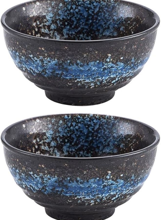 Vintage Ceramic Rice Ramen Bowls Set 2pcs Blue Glazed Stoneware Soup Bowls - Image 1