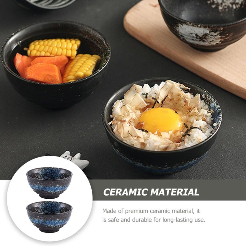 Vintage Ceramic Rice Ramen Bowls Set 2pcs Blue Glazed Stoneware Soup Bowls - Image 4
