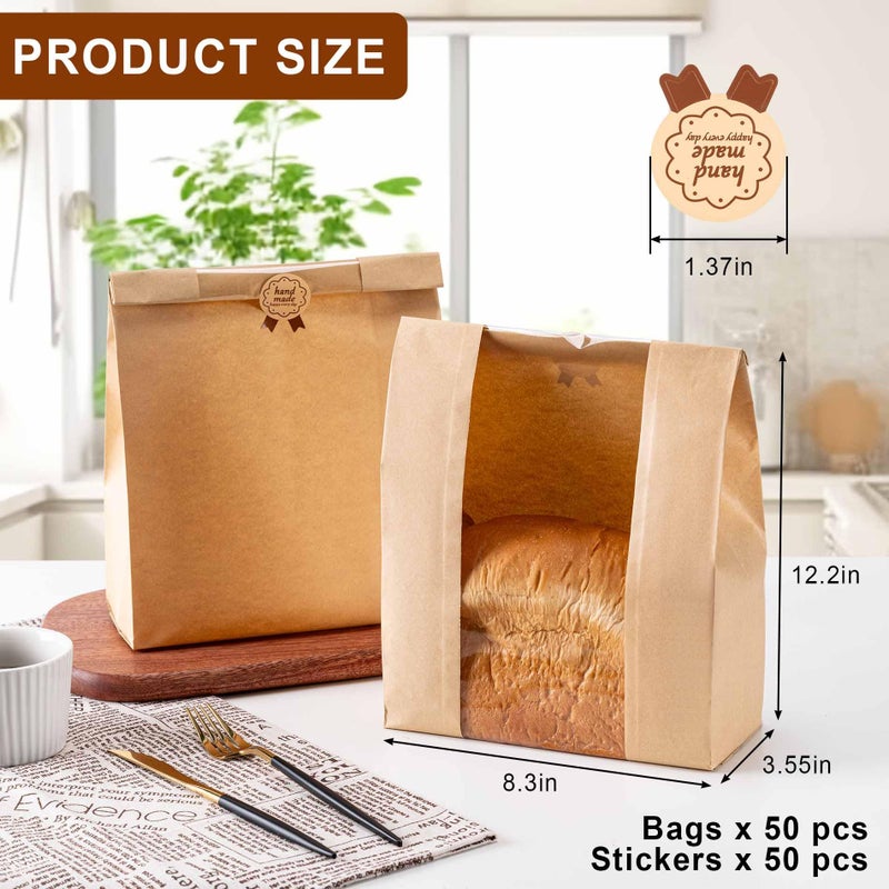 Hoewina 50Pcs Sourdough Paper Bread Bags for Homemade Bread with Window, Includes 50PCS Label Seal Stickers for Food Storage(50% Thicker 13.7x8.3x3.5 in - Large) - Image 2