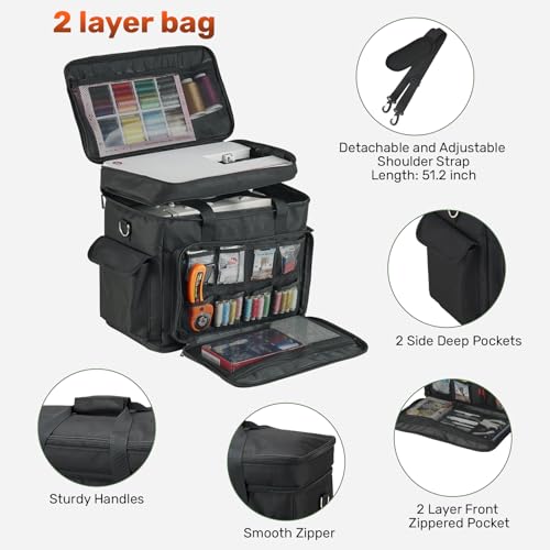 PENGDA 2 Layer Sewing Machine Case with Adjustable Shoulder Strap Sewing Machine Carrying Case Universal Tote Bag for Sewing Machine and Sewing Accessories Storage Black - Image 5