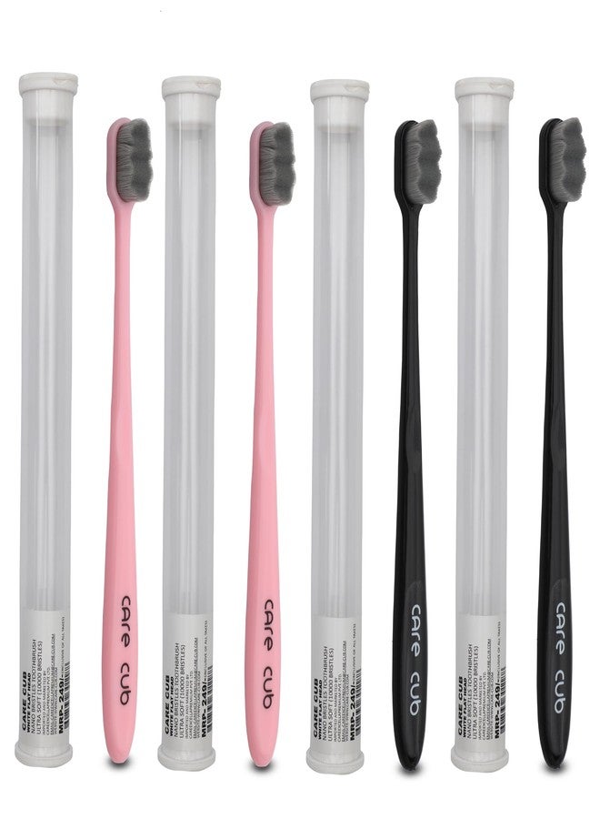 CARE CUB 2 Black & 2 Pink Zigzag Ultra Soft-Bristles Micro Nano 10,000 Nano Bristle Good Cleaning Effect For Sensitive Teeth Oral Gum Recession,Manual Toothbrush For Adults Pack Of 4 - Image 1