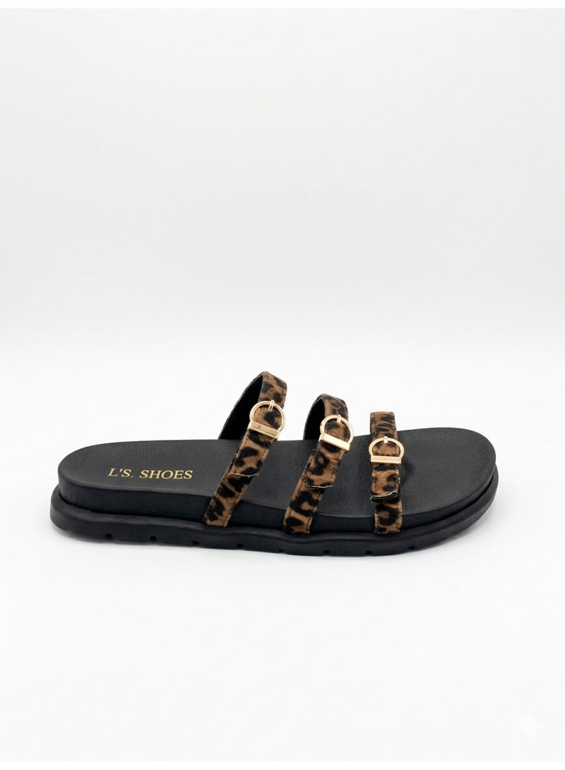 لايف ستيلاش  شبشب مسطح من الجلد مع أحزمة - SL-216  - تايجر - Image 3