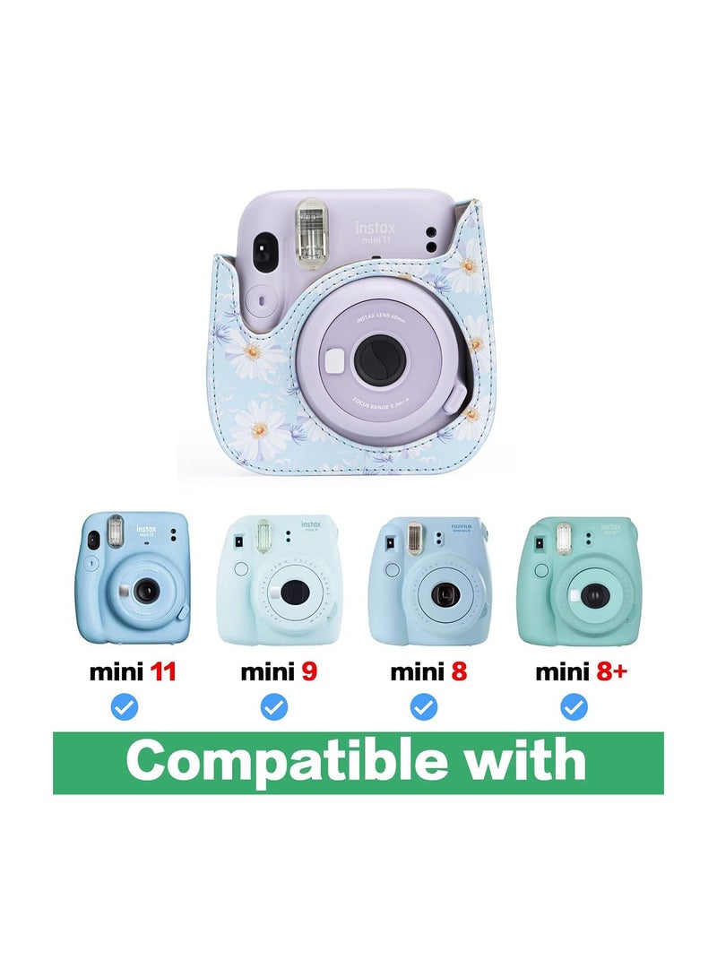 Protective and Portable Case for Fujifilm Instax Mini 11/9/8/8+ Instant Film Camera, Featuring Accessory Pocket and Adjustable Strap in Light Blue Floral Design. - Image 2