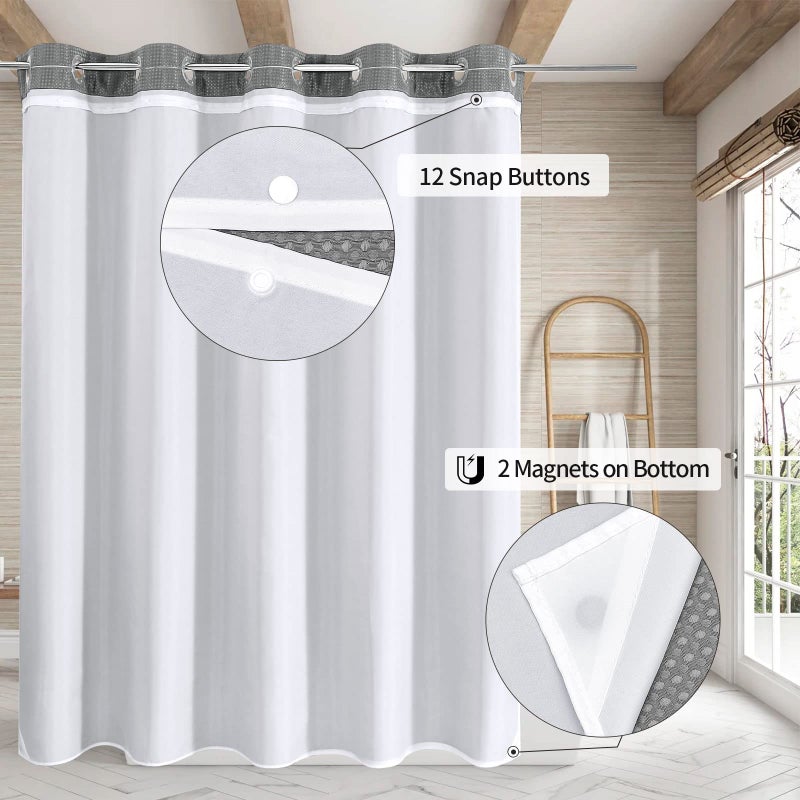 MitoVilla No Hooks Needed Grey Waffle Shower Curtain Set with Snap-in Liner  Modern Waffle Weave Heavy Duty Fabric Cloth Shower Curtain for Luxury Neutral Hotel Spa Bathroom Decor  72 x 74 - Image 2
