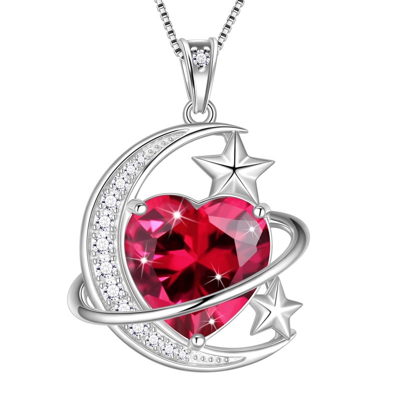 Juwaliy 13MM Women Moon and Star Necklace Heart July Birthstone 925 Sterling Silver Pendant Red Ruby Celestial Jewelry Christmas Birthday Valentine's Day Gift for Her/Wife/Mother - Image 1