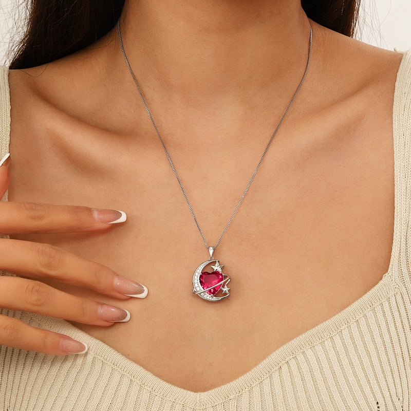 Juwaliy 13MM Women Moon and Star Necklace Heart July Birthstone 925 Sterling Silver Pendant Red Ruby Celestial Jewelry Christmas Birthday Valentine's Day Gift for Her/Wife/Mother - Image 3