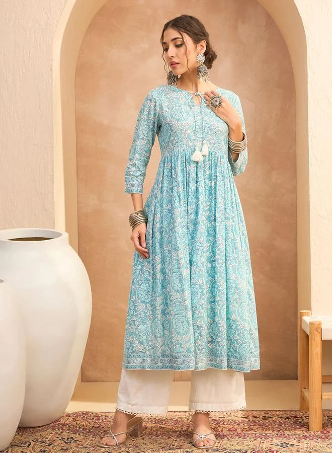 ساسافراس Sassafras Blue Floral Front Dori Gathered Kurta