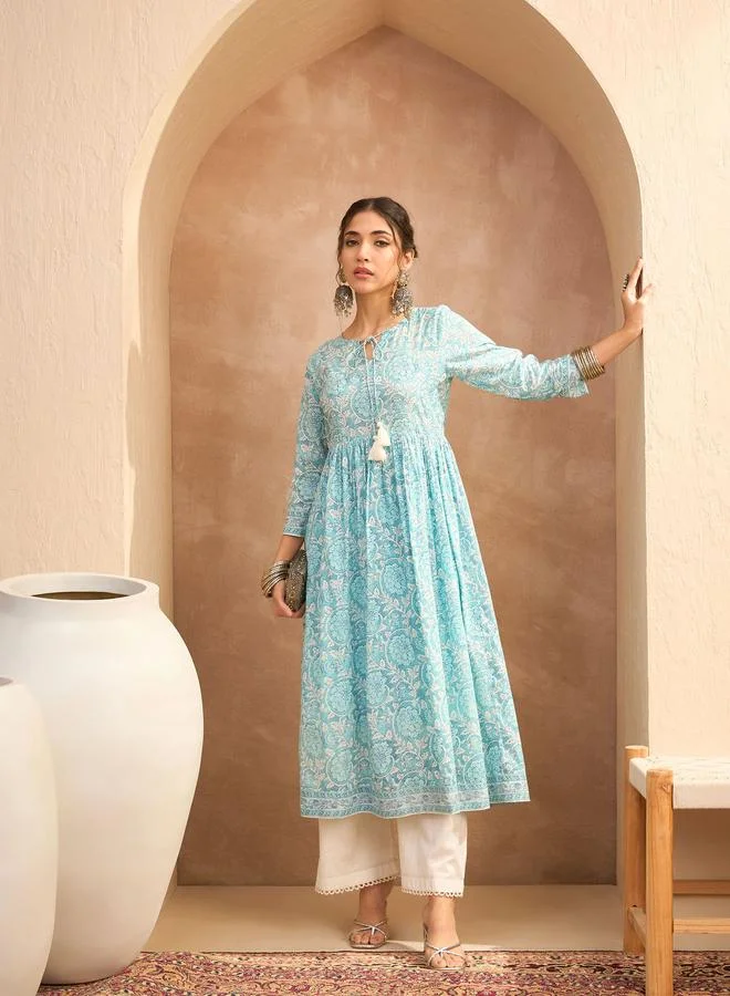 ساسافراس Sassafras Blue Floral Front Dori Gathered Kurta