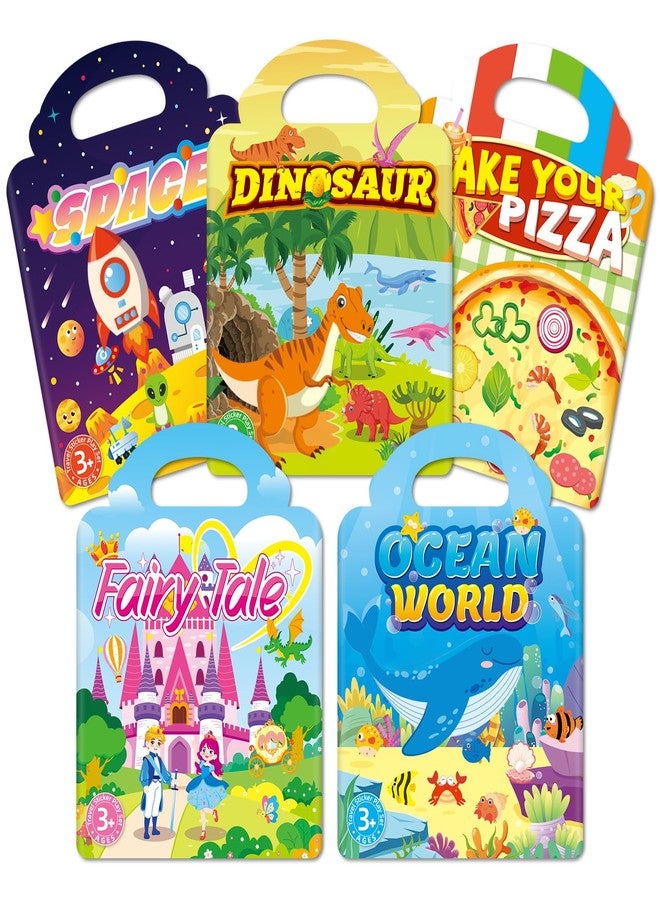 Lerifer Sticker Books for Toddlers 2-4 Years, Travel Sticker Book with Washable Jelly Stickers, Foldable Carry Handle Quiet Toy, 5 Theme Scenes for Kids 3-5, Dinosaur+Space+Ocean+Fairy Tale+Pizza - Image 1
