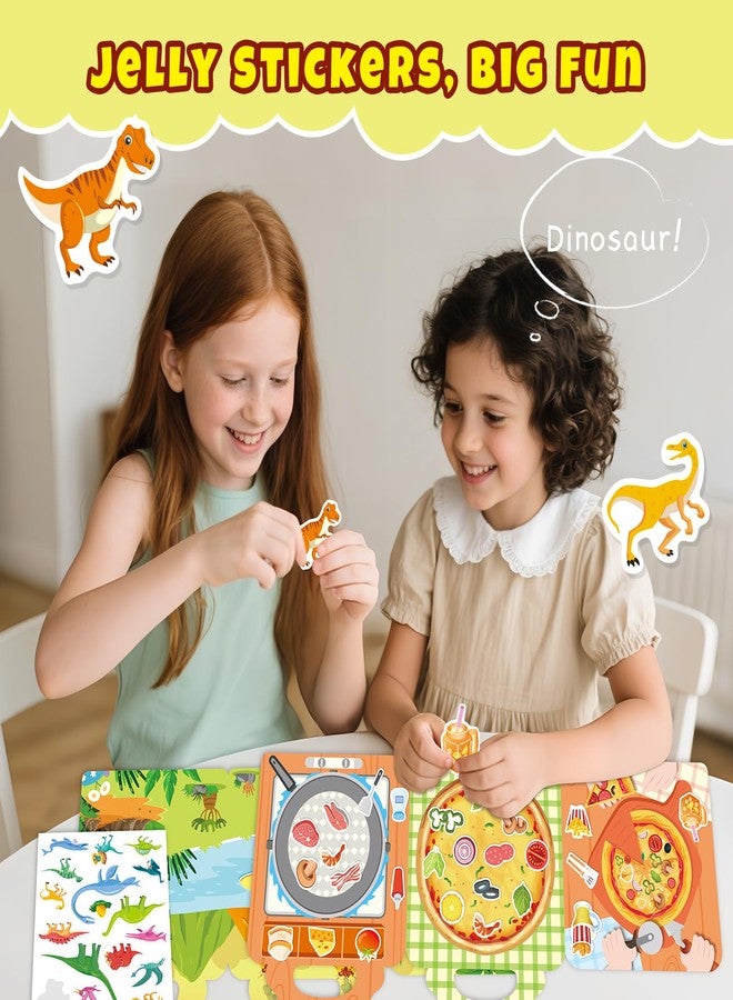 Lerifer Sticker Books for Toddlers 2-4 Years, Travel Sticker Book with Washable Jelly Stickers, Foldable Carry Handle Quiet Toy, 5 Theme Scenes for Kids 3-5, Dinosaur+Space+Ocean+Fairy Tale+Pizza - Image 2