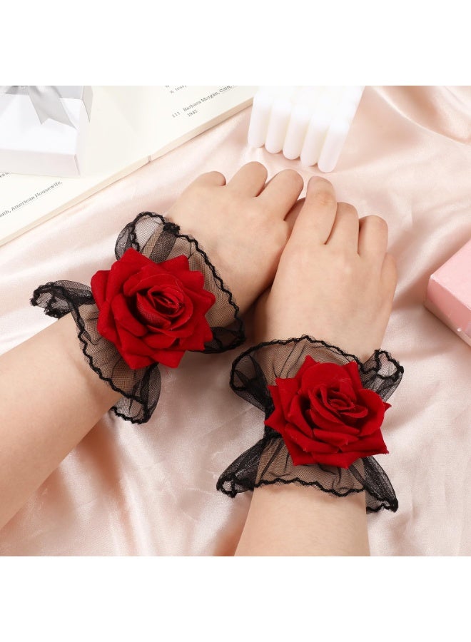 Gothic Rose Lace Gloves, Fingerless Lolita Hand Sleeves Hand Sleeve Black Lace Elastic Bracelet Gothic Wine Red Flower Wrist Cuff Dress Accessories, Masquerade, Prom, 1 Pair - Image 5