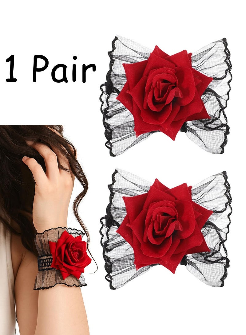 Gothic Rose Lace Gloves, Fingerless Lolita Hand Sleeves Hand Sleeve Black Lace Elastic Bracelet Gothic Wine Red Flower Wrist Cuff Dress Accessories, Masquerade, Prom, 1 Pair - Image 1