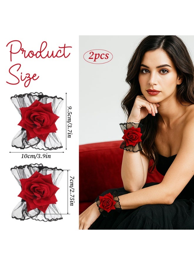Gothic Rose Lace Gloves, Fingerless Lolita Hand Sleeves Hand Sleeve Black Lace Elastic Bracelet Gothic Wine Red Flower Wrist Cuff Dress Accessories, Masquerade, Prom, 1 Pair - Image 4