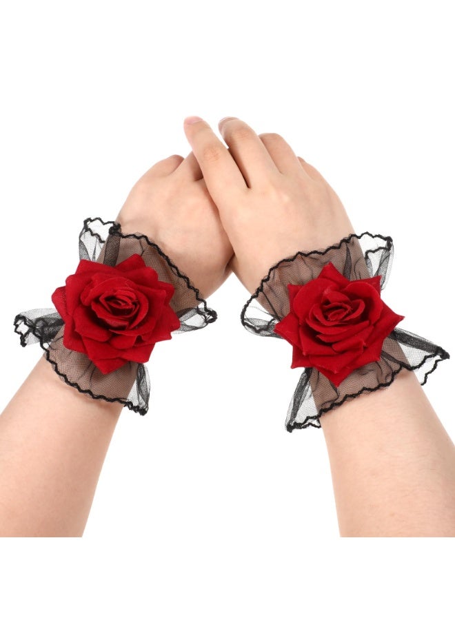 Gothic Rose Lace Gloves, Fingerless Lolita Hand Sleeves Hand Sleeve Black Lace Elastic Bracelet Gothic Wine Red Flower Wrist Cuff Dress Accessories, Masquerade, Prom, 1 Pair - Image 2