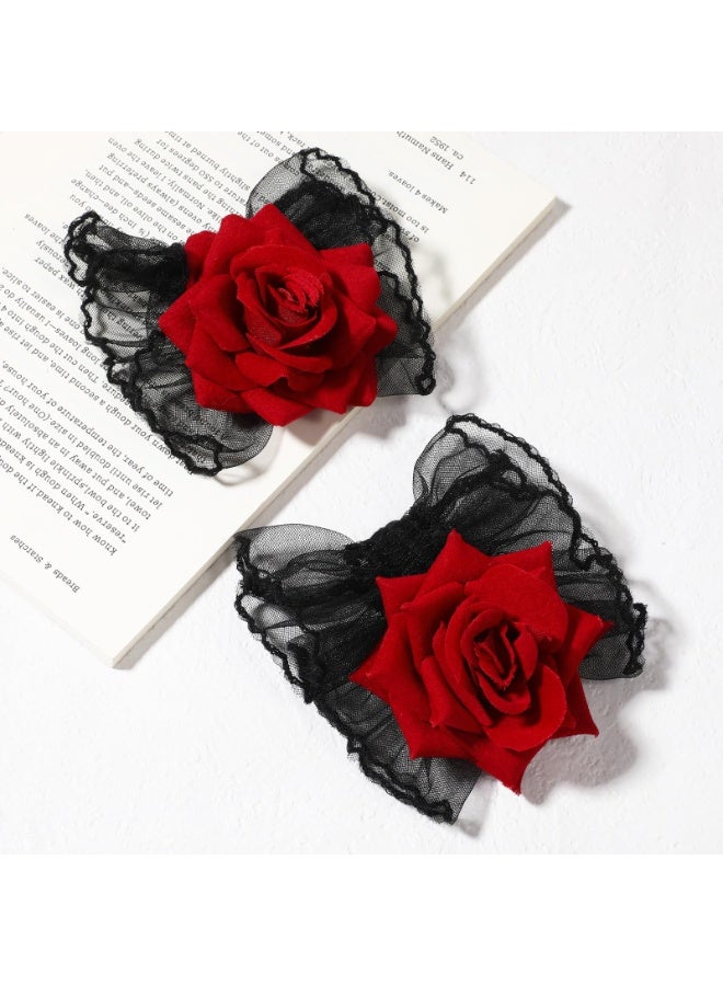 Gothic Rose Lace Gloves, Fingerless Lolita Hand Sleeves Hand Sleeve Black Lace Elastic Bracelet Gothic Wine Red Flower Wrist Cuff Dress Accessories, Masquerade, Prom, 1 Pair - Image 3