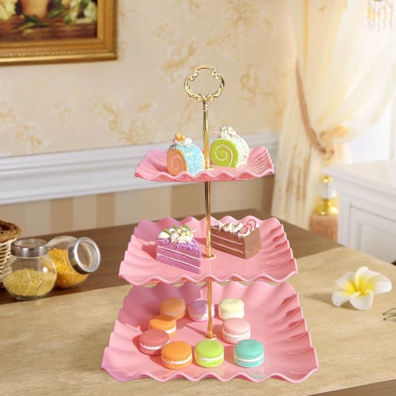 RAUVOLFIA 5 Pcs Cupcake Stand Set - Pink Plastic Dessert Table Display Set, 2x Pink Square 3 Tier Cupcake Display Stands Cookie Tray Rack Serving Tower & 3x 14 in Plastic Trays for Wedding Baby Shower Tea Party - Image 4