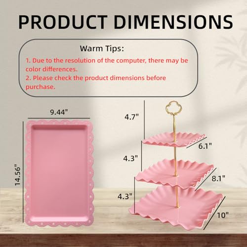 RAUVOLFIA 5 Pcs Cupcake Stand Set - Pink Plastic Dessert Table Display Set, 2x Pink Square 3 Tier Cupcake Display Stands Cookie Tray Rack Serving Tower & 3x 14 in Plastic Trays for Wedding Baby Shower Tea Party - Image 2