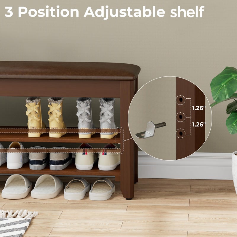 Homleke Shoe Rack Bench with Flip-Top Storage, Solid Wood Entryway Bench with Cushion, Adjustable Shelf, for Hallway, Mudroom, Closet â€“ Walnut, 31.5" - Image 5