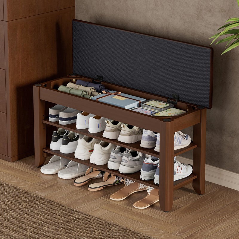 Homleke Shoe Rack Bench with Flip-Top Storage, Solid Wood Entryway Bench with Cushion, Adjustable Shelf, for Hallway, Mudroom, Closet â€“ Walnut, 31.5" - Image 1