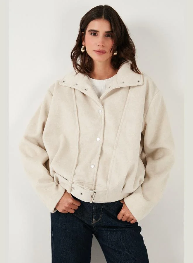 ليلا معطف قصير مبطن من الكشمير بتفاصيل حزام كبير الحجم من مزيج القطن للنساء من ليلا