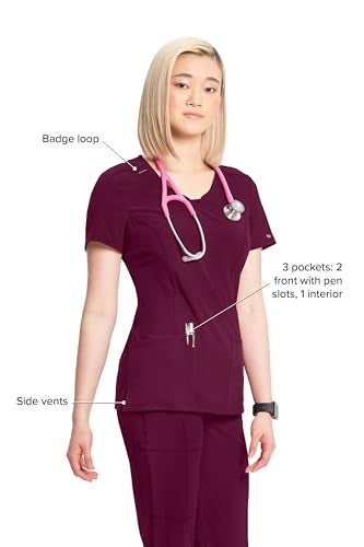 Cherokee Infinity Scrubs for Women Round Neck Scrub Top with 3 Pockets & 360° Stretch 2624A, L, Wine - Image 5