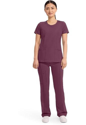 Cherokee Infinity Scrubs for Women Round Neck Scrub Top with 3 Pockets & 360° Stretch 2624A, L, Wine - Image 3