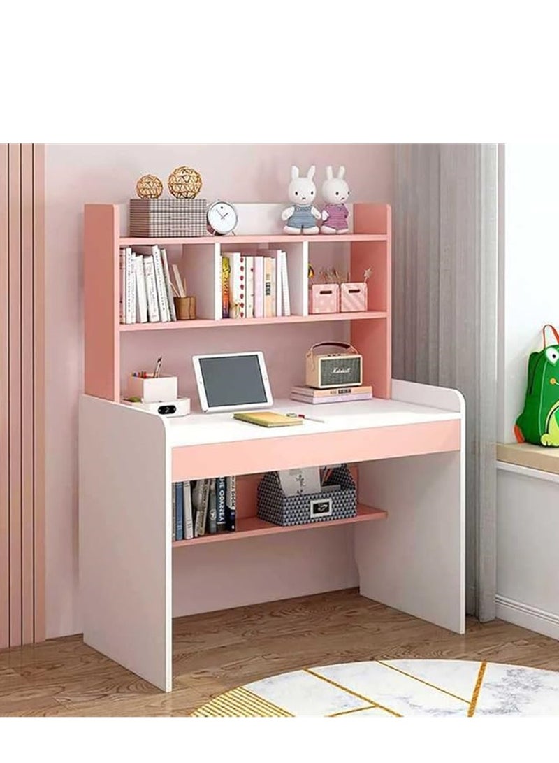 Generic Kids Study Desk, Wooden Students Study Writting Table with Bookshelf and Drawer, Computer Table Office Desktop with Documents Storage Shelving Rack for Home Writting Reading and Office PC Notebook Working (Pink, XXA100)  - Image 1