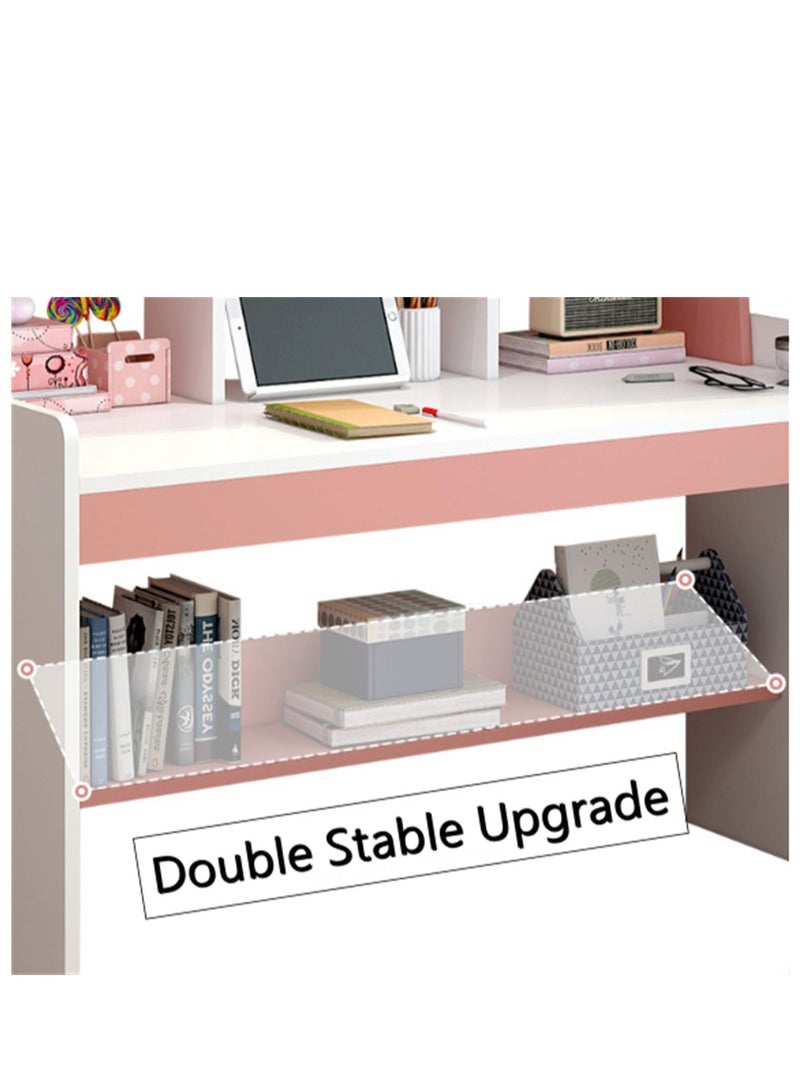 Generic Kids Study Desk, Wooden Students Study Writting Table with Bookshelf and Drawer, Computer Table Office Desktop with Documents Storage Shelving Rack for Home Writting Reading and Office PC Notebook Working (Pink, XXA100)  - Image 3