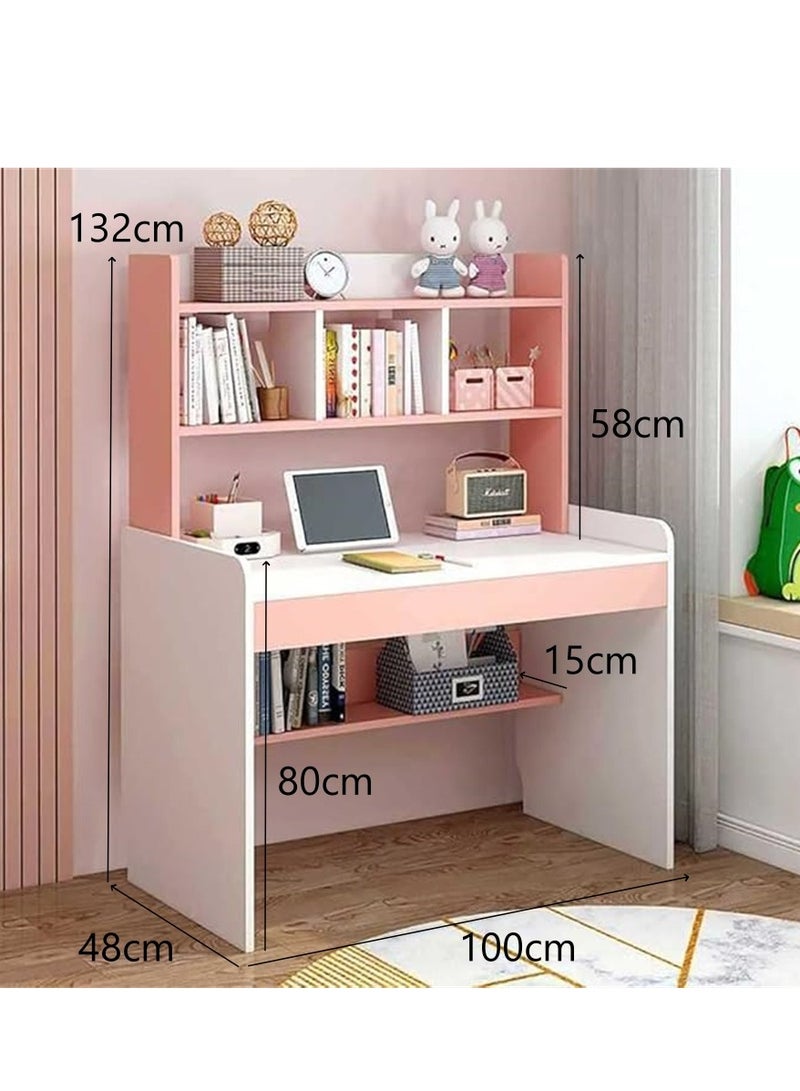 Kids Study Desk, Wooden Students Study Writting Table with Bookshelf and Drawer, Computer Table Office Desktop with Documents Storage Shelving Rack for Home Writting Reading and Office PC Notebook Working (Pink, XXA100) - Image 5