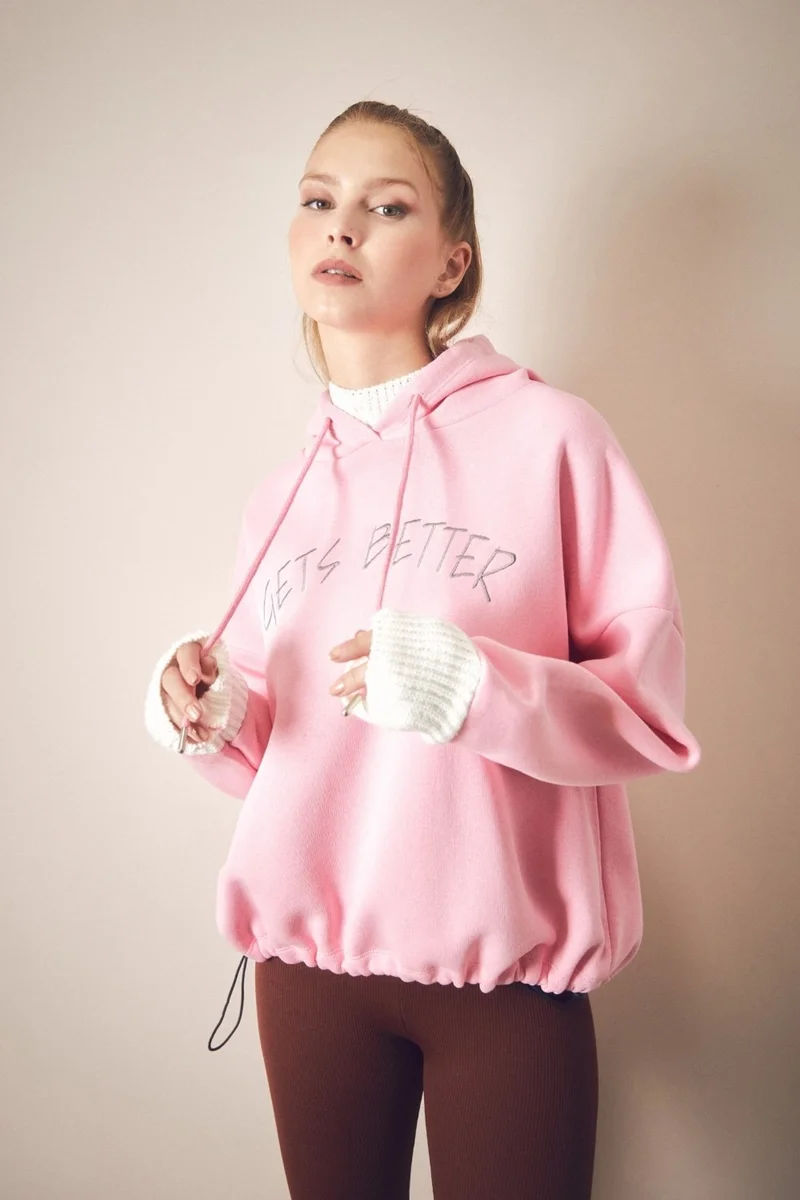 FullaModa Text Embroidered Knitwear Detailed Waist Stopper Sweatshirt
