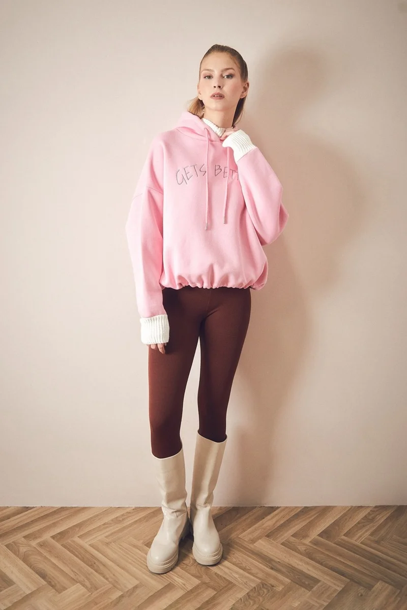 FullaModa Text Embroidered Knitwear Detailed Waist Stopper Sweatshirt