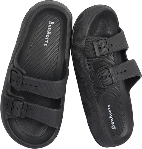 BenSorts Men Pillow Slippers Athletic Slides Sandals Comfy Double Buckle Thick Sole Beach Slippers Black Men Size 14 15 Women Size 15 16 - Image 1