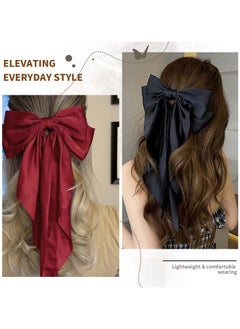 BONITO 3 PCS Big Bow Hair Clips with Long Silky Satin, Long Tail French Hair Bows for Women Girl, Bow Hair Dress up Accessories for Party/Show/Wedding (White+black+red)  - Image 2