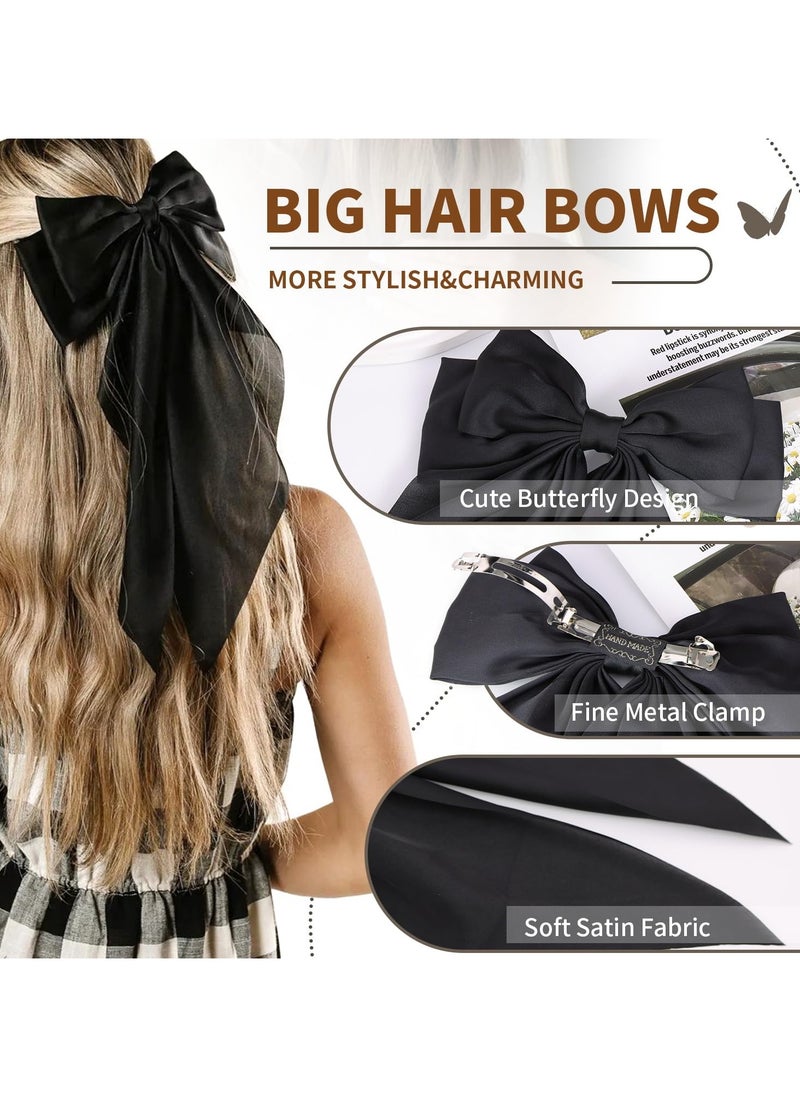 BONITO 3 PCS Big Bow Hair Clips with Long Silky Satin, Long Tail French Hair Bows for Women Girl, Bow Hair Dress up Accessories for Party/Show/Wedding (White+black+red)  - Image 3