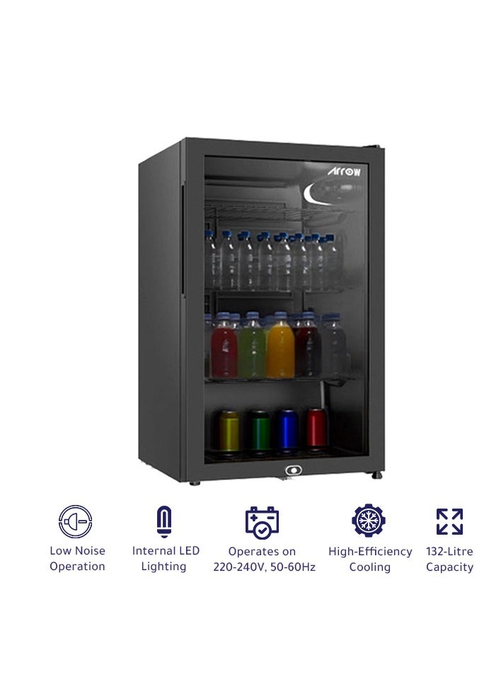 Arrow - 132L Display Door Cooling Refrigerator with Full Glass Black Panel, Recessed Handle, 3 Wire Shelves, Interior Light, Mechanical Temperature Control, Fan Cooling, and Inside Condenser | Model No: RO-140SCH - Image 1