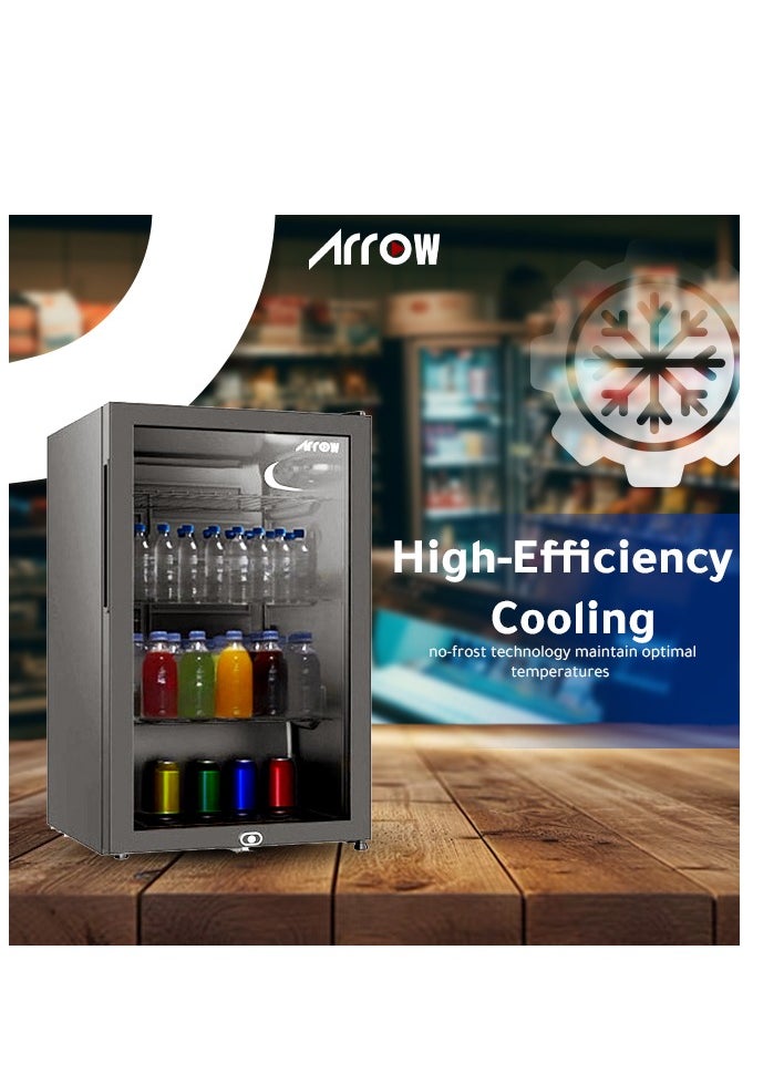 Arrow - 132L Display Door Cooling Refrigerator with Full Glass Black Panel, Recessed Handle, 3 Wire Shelves, Interior Light, Mechanical Temperature Control, Fan Cooling, and Inside Condenser | Model No: RO-140SCH - Image 1