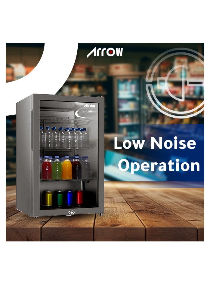 Arrow - 132L Display Door Cooling Refrigerator with Full Glass Black Panel, Recessed Handle, 3 Wire Shelves, Interior Light, Mechanical Temperature Control, Fan Cooling, and Inside Condenser | Model No: RO-140SCH - Image 1