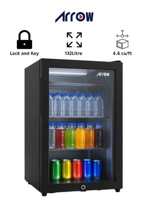 132L Display Door Cooling Refrigerator with Full Glass Black Panel, Recessed Handle, 3 Wire Shelves, Interior Light, Mechanical Temperature Control, Fan Cooling, and Inside Condenser | Model No: RO-140SCH