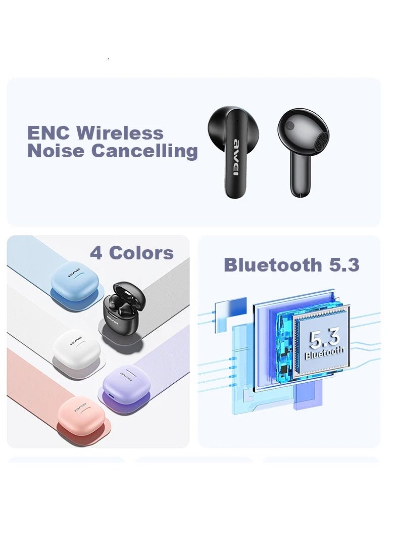Awei - T68 ENC Bluetooth earbuds, noise cancellation, wireless earbuds, waterproof, call-friendly earbuds. Purple - Image 1