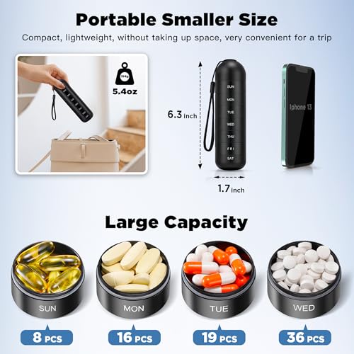 Zannaki XL Metal Travel Pill Organizer, Extra Large Waterproof Weekly Pill Box, Aluminum Alloy Pill Case Container, BPA Free 7 Day Daily Medicine Organizer Holder for Vitamin, Fish Oil, Supplement - Image 2