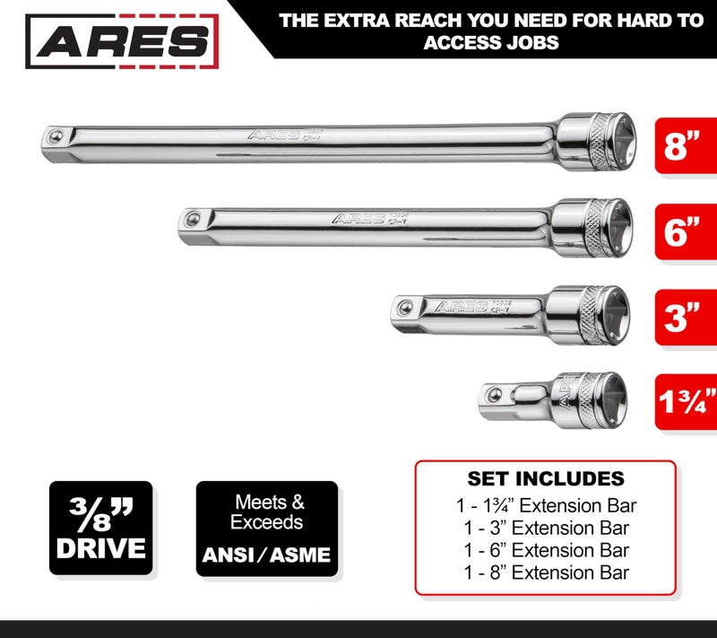 ARES 70244-4-Piece 3/8-Inch Drive Socket Extension Set - Includes 1 3/4-Inch, 3-Inch, 6-Inch and 8-Inch Extensions - Premium Chrome Vanadium Steel with Mirror Finish - Image 2