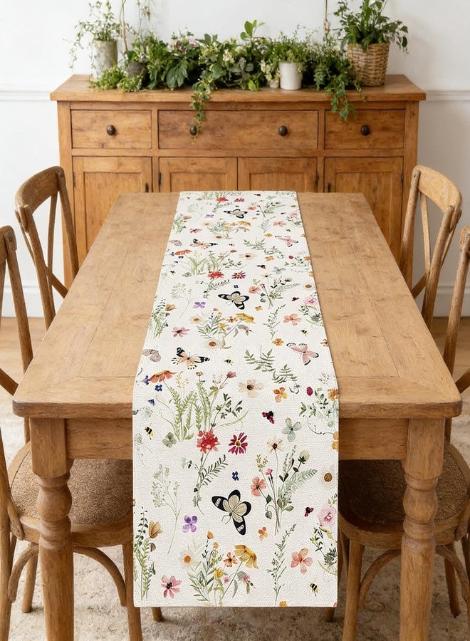 OFDNE Spring Floral Table Runner, Wildflower Butterfly Bee Decorations for Home Summer Kitchen Dining Home Party Decorations Table Decor 13x72 Inch - Image 3
